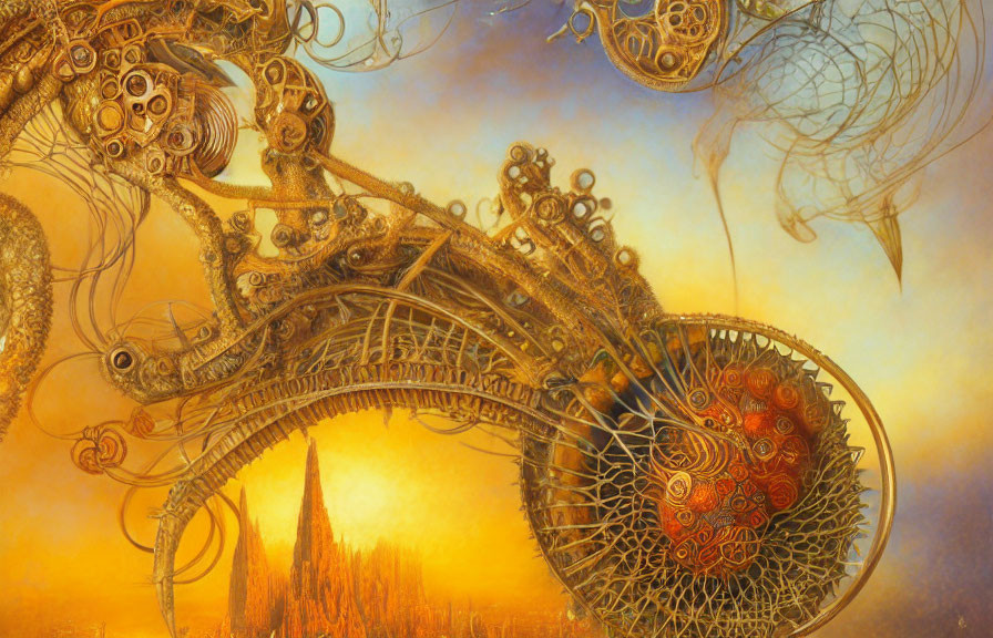 Steampunk machinery with gears on warm sunset background