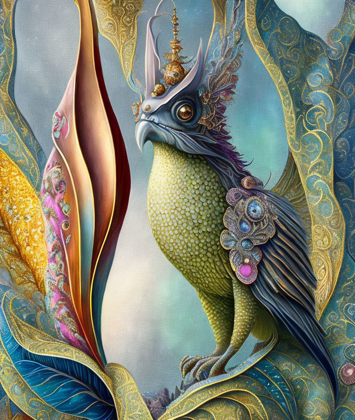 Fantasy bird with jeweled headdress in luxurious setting