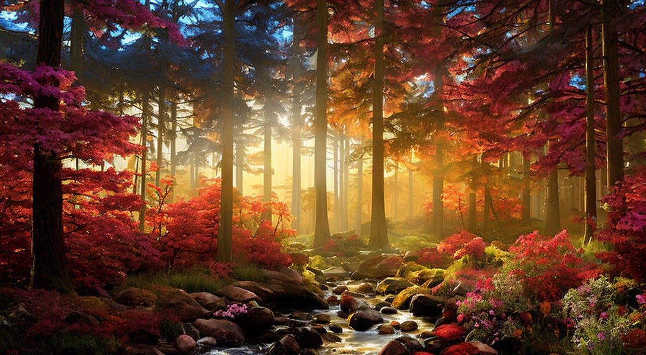 Scenic forest with red-leafed trees and stream under sunshine