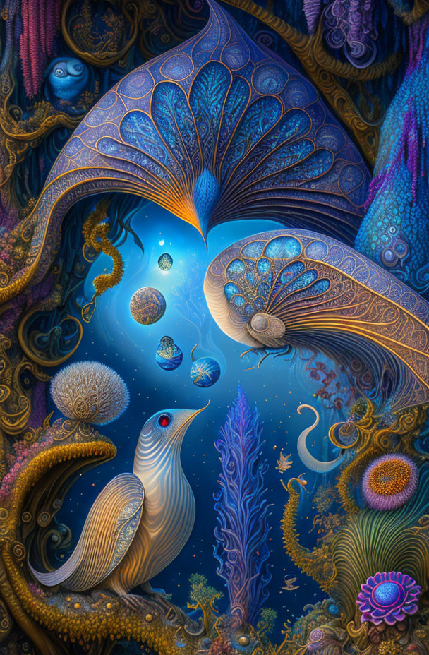 Colorful digital artwork: Two peacocks with cosmic tails in surreal underwater setting