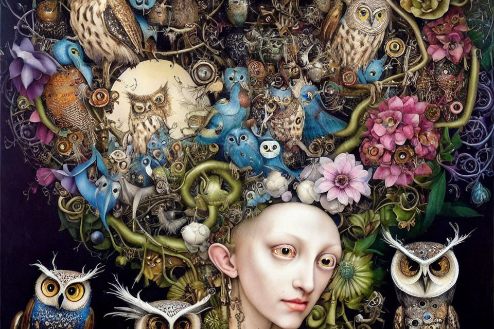 Colorful surreal portrait featuring person with pale skin and large ears surrounded by birds, flowers, and intricate