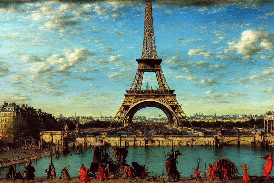 Colorful painting of Eiffel Tower, river, and people in period clothing under blue skies