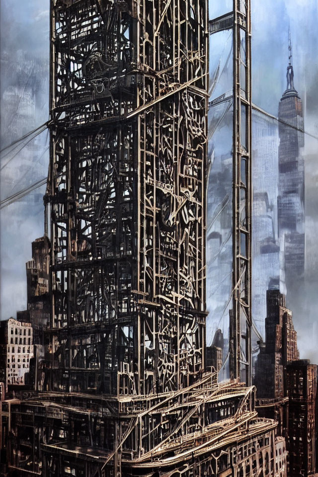 Intricate scaffolding structure against cityscape background