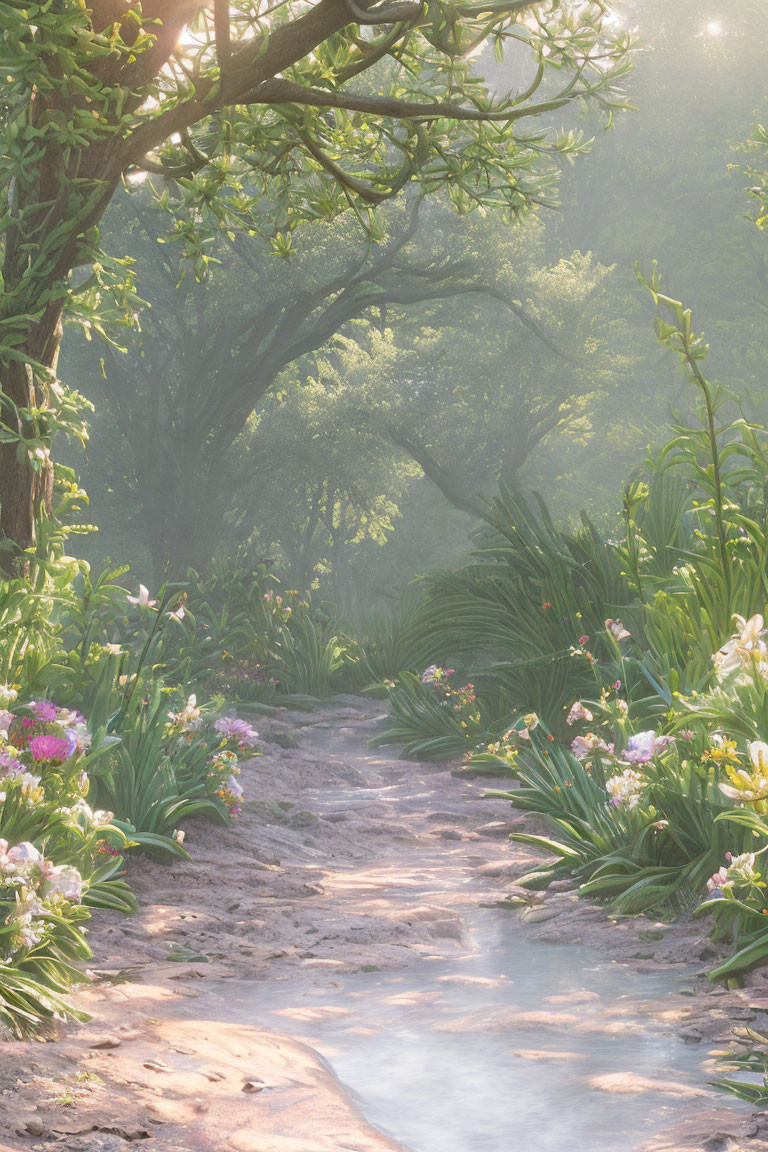 Tranquil sunlit forest path with lush greenery and wildflowers