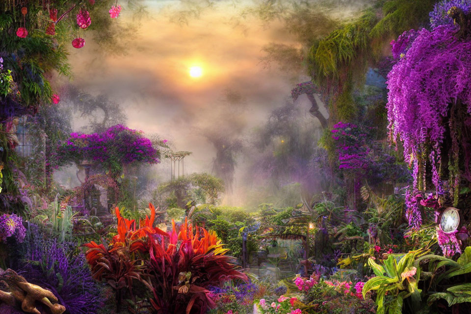 Lush Sunset Garden with Vibrant Flowers and Wisterias
