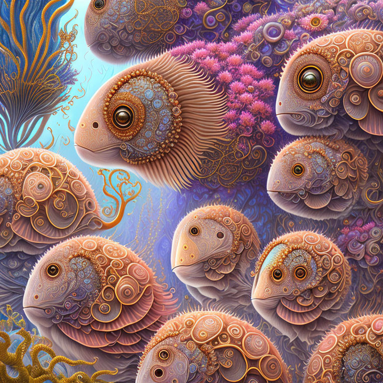 Detailed surreal fish swimming in vibrant coral reef