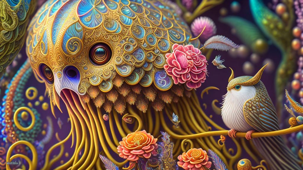 Detailed surreal artwork: ornate creature, patterns, eyes, stylized bird with staff, colorful backdrop