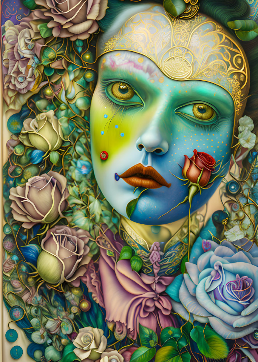 Intricate surreal portrait with figure and colorful roses