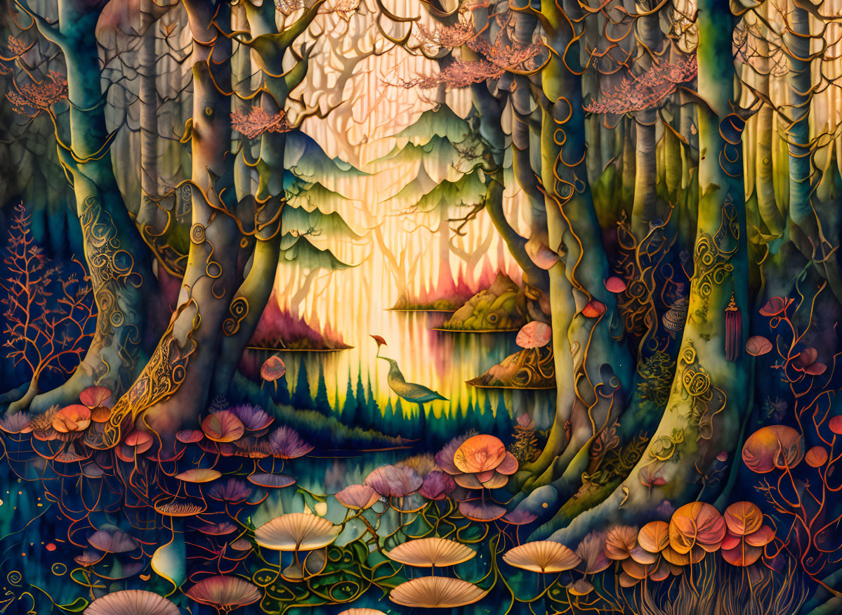 Ethereal Fantasy Forest with Colorful Foliage and Serene Lake