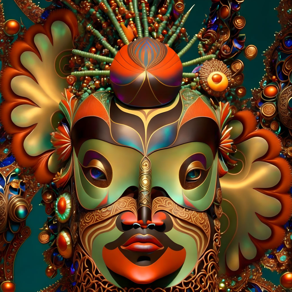 Symmetrical ornate mask digital artwork on teal background