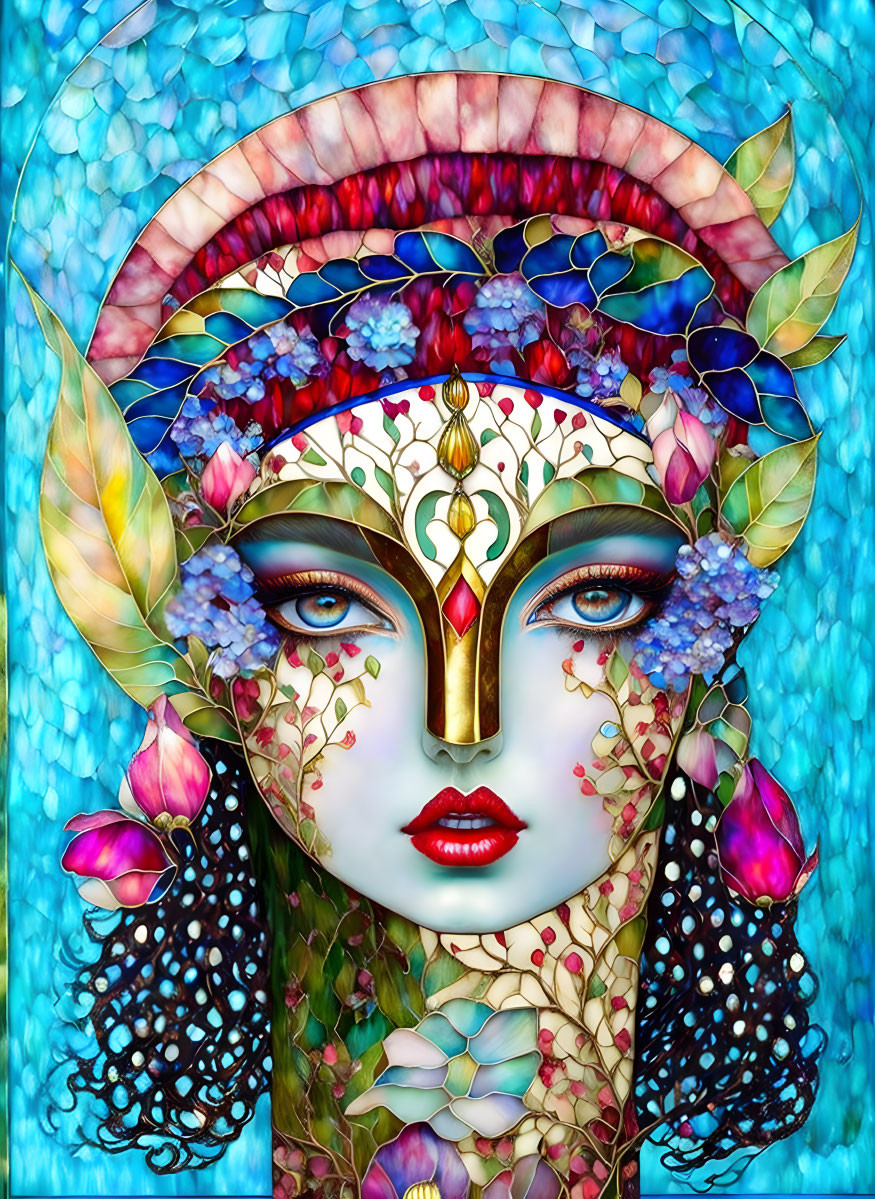 Colorful Female Figure with Elaborate Headdress on Blue Mosaic Background