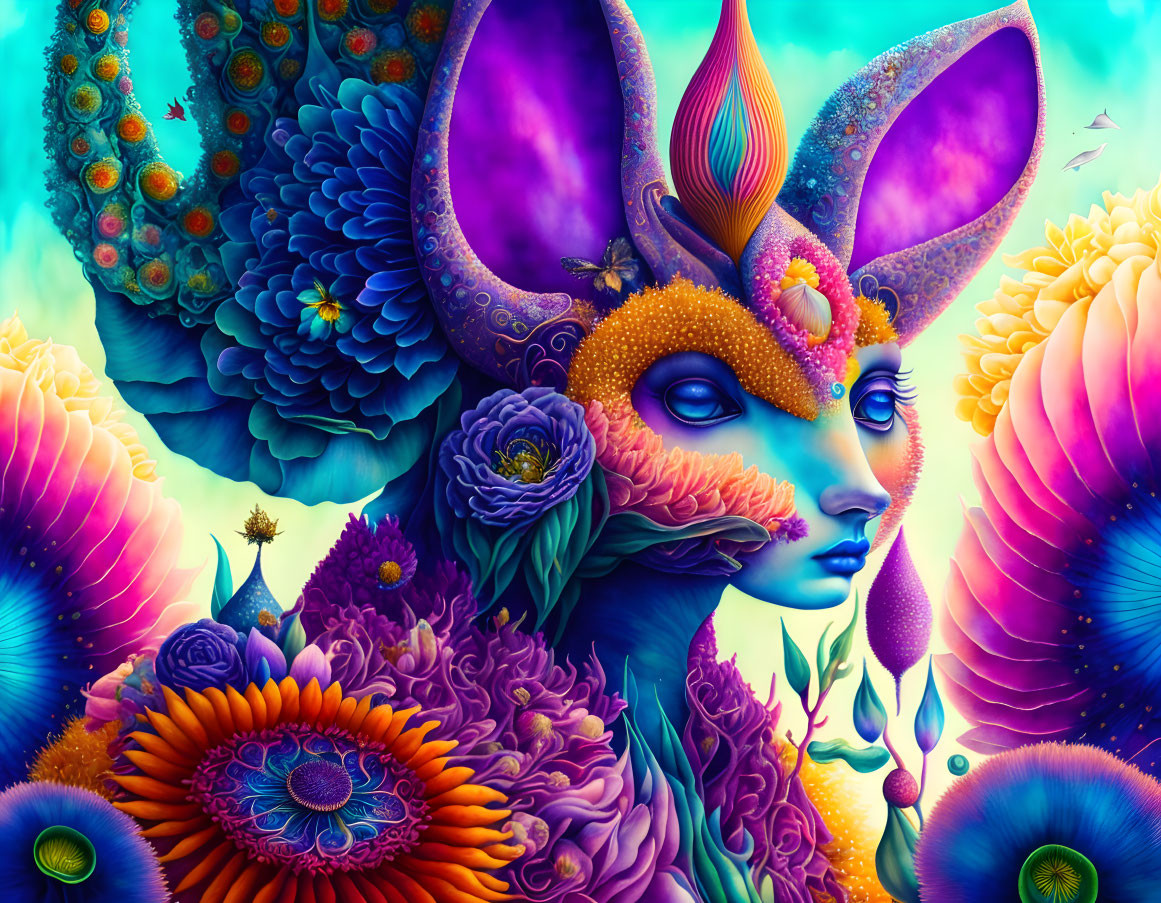 Colorful surreal illustration: Floral figure with deer-like ears in psychedelic flora