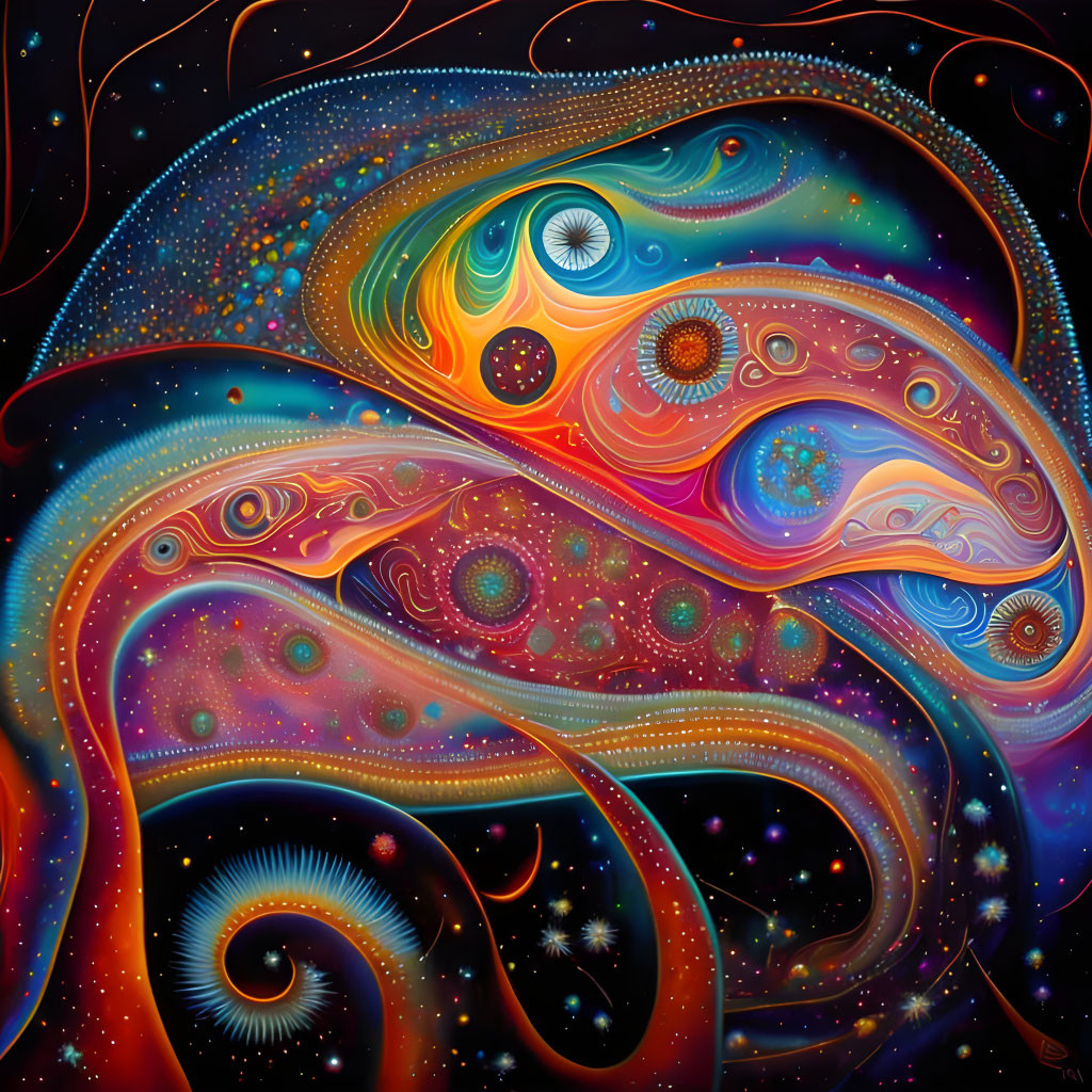 Colorful psychedelic cosmic patterns on dark starry background