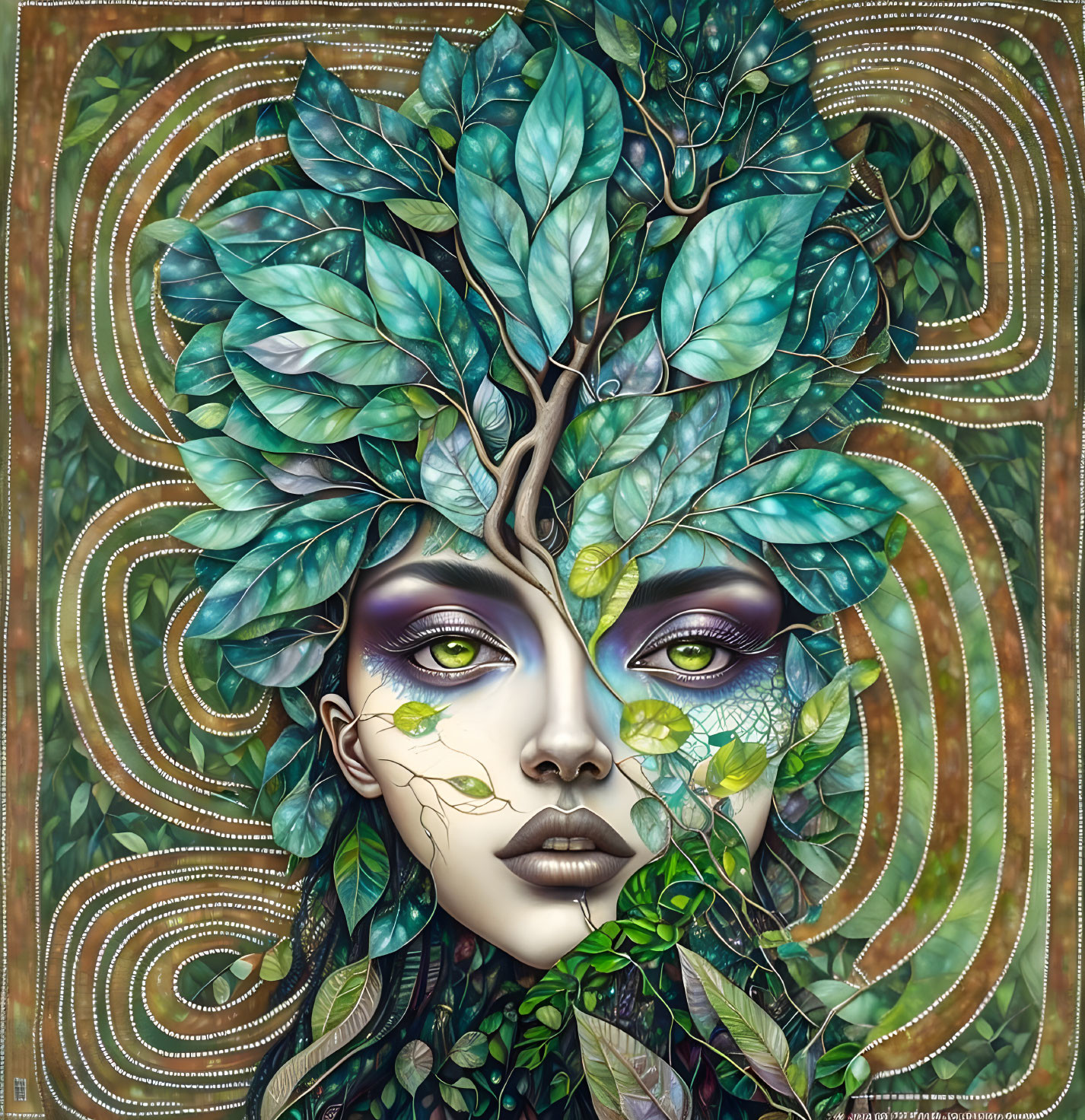 Female figure with tree and leaf hair against patterned background