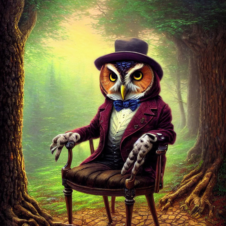 Elegant anthropomorphic owl in formal attire in magical forest