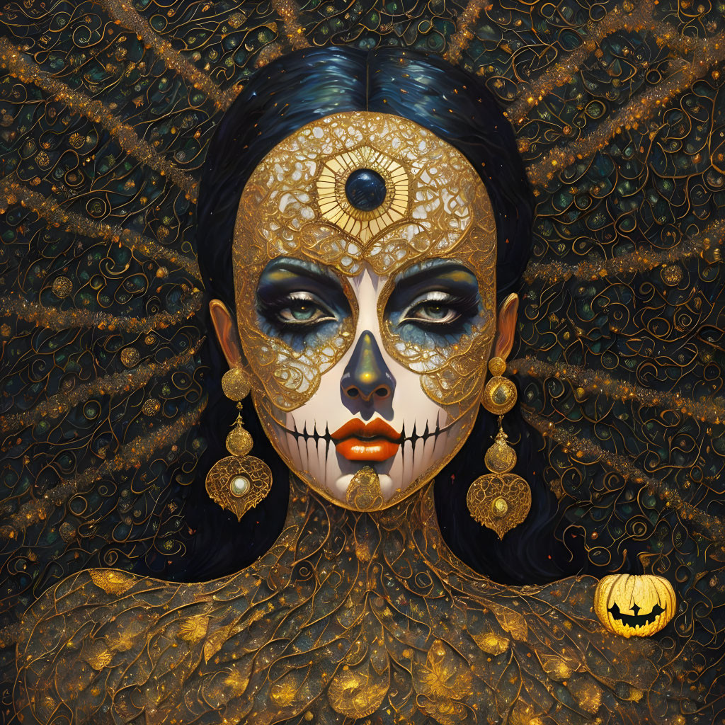 Golden patterned artwork of a woman with skull-like makeup and Dia de los Muertos symbols.