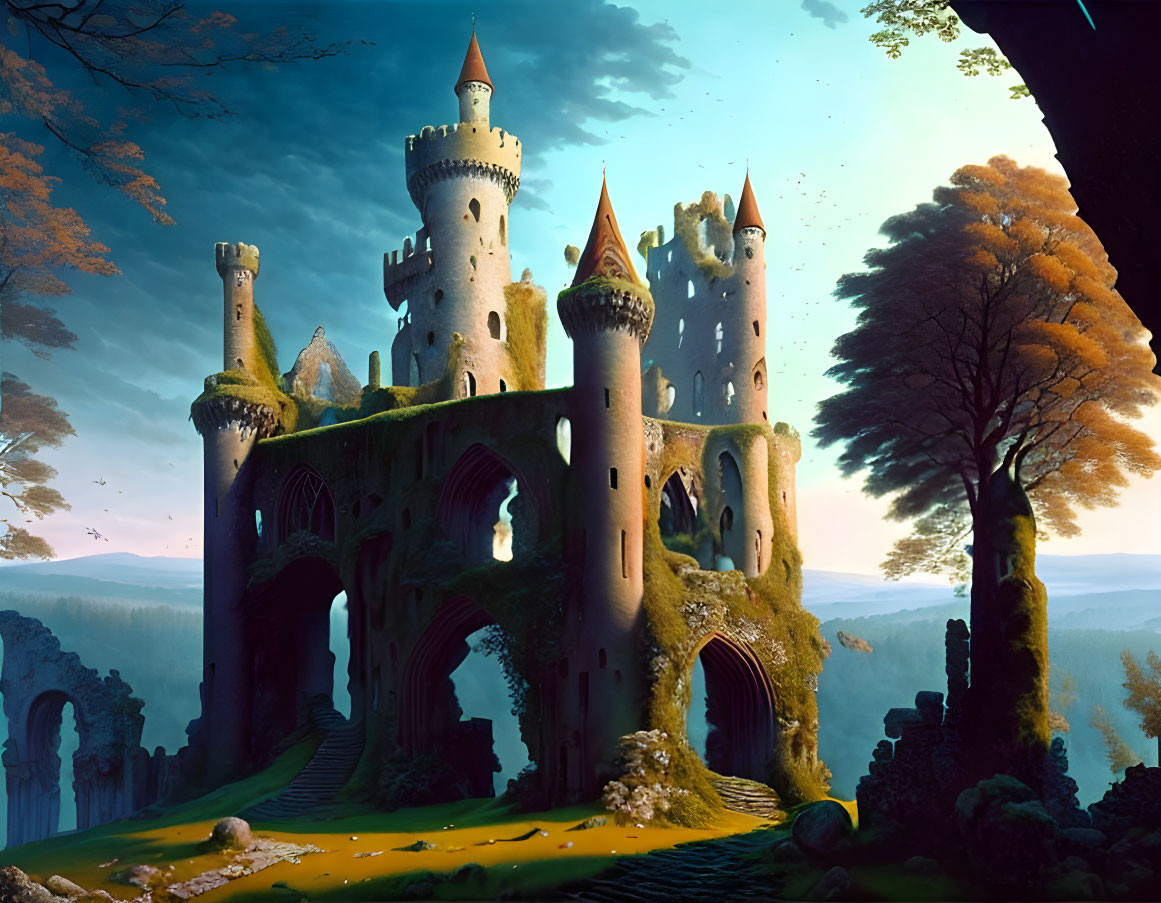 Enchanting ruined castle with towers and archways in lush forest at sunset