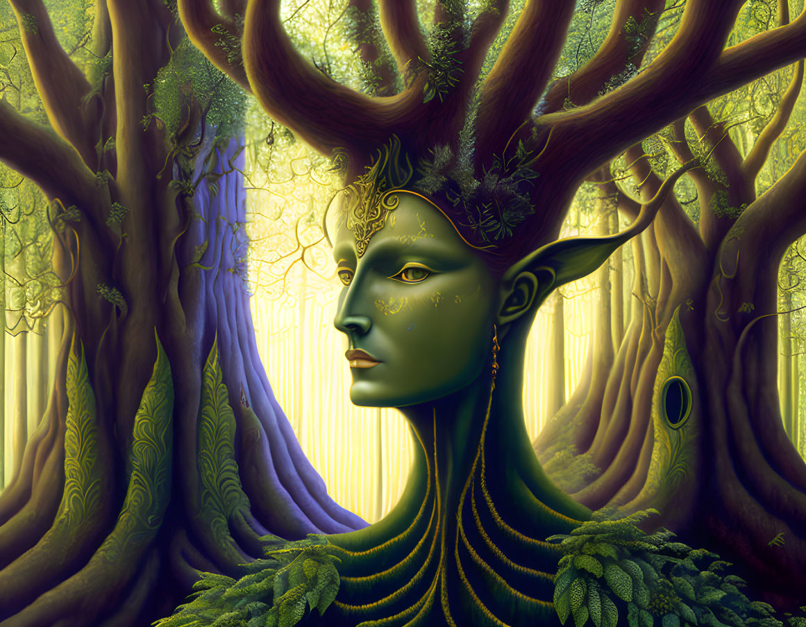 Green-skinned forest deity with antlers in enchanted woodland.