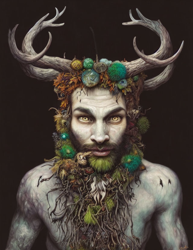 Person with Antlers and Nature-Inspired Makeup: Mystical and Pagan Aesthetic