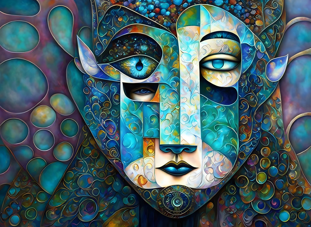 Vibrant surreal artwork: Multicolored face with peacock feathers and intricate patterns