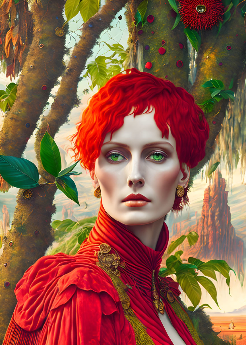 Digital artwork of woman with red hair and green eyes in fantasy jungle setting