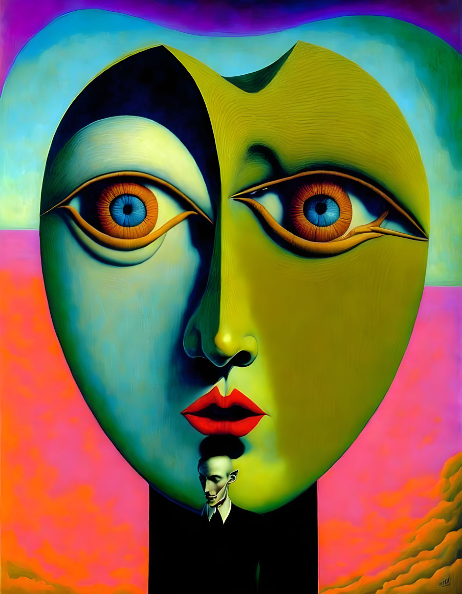 Split-face surreal portrait with contrasting colors and realistic features on vibrant backdrop.