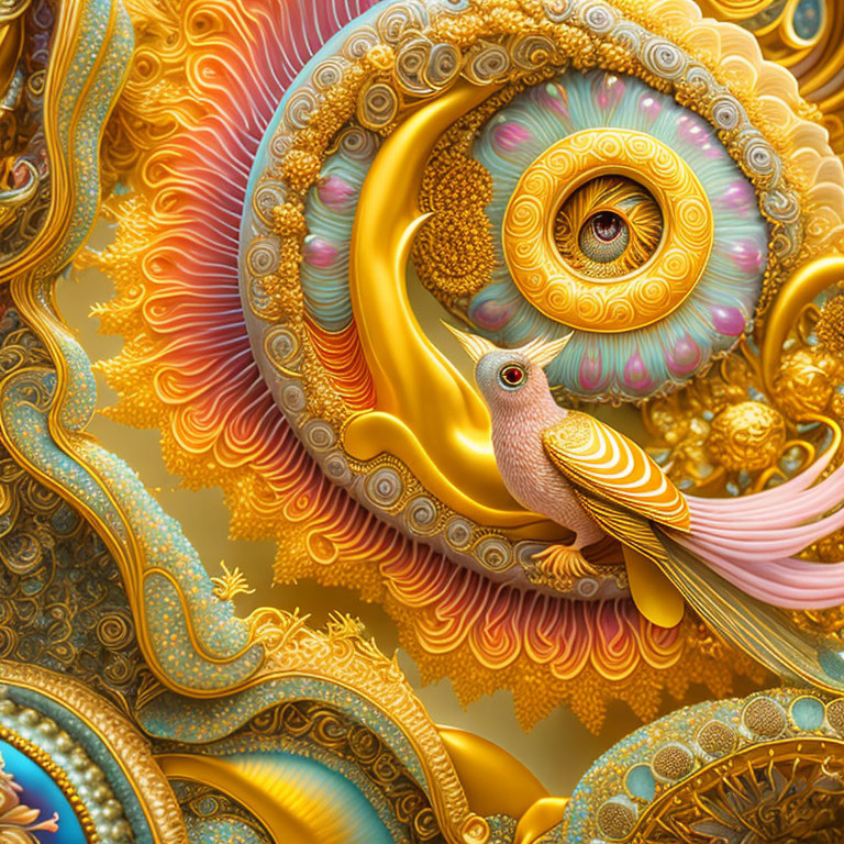 Colorful digital artwork of ornate bird with swirling patterns in gold, orange, and blue