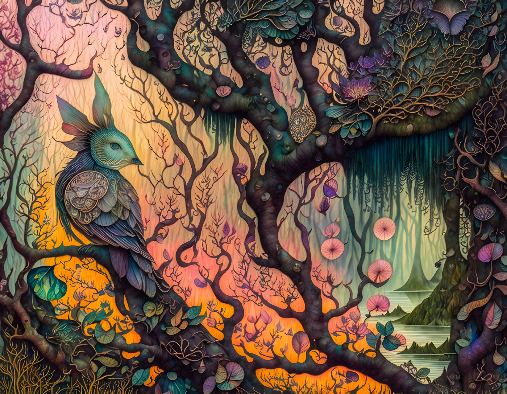 Fantastical forest scene with intricate trees and surreal flora