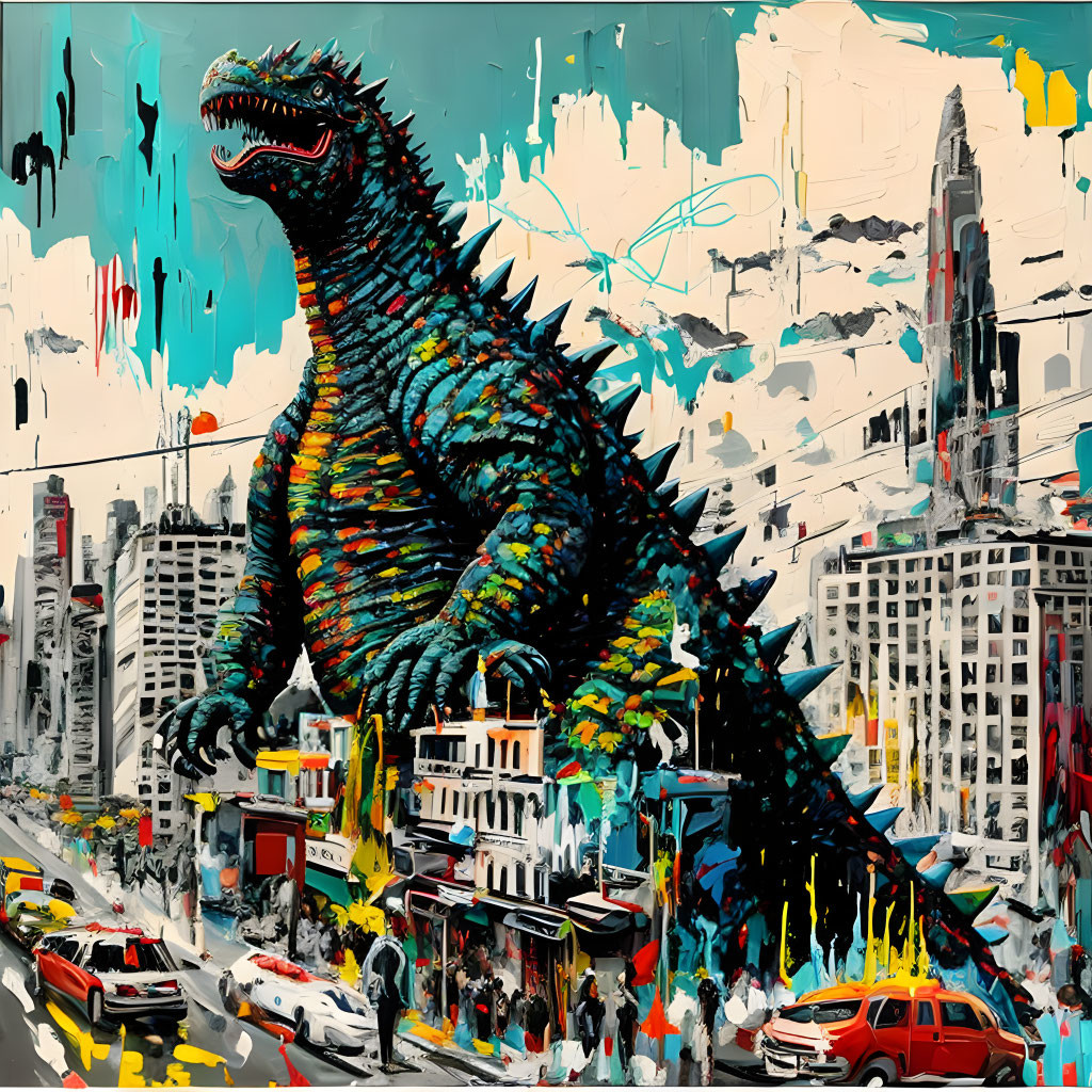 Colorful Painting: Godzilla Rampaging in Cityscape