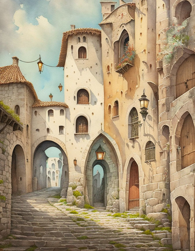 Whimsical cobblestone street illustration with sunlit stone buildings