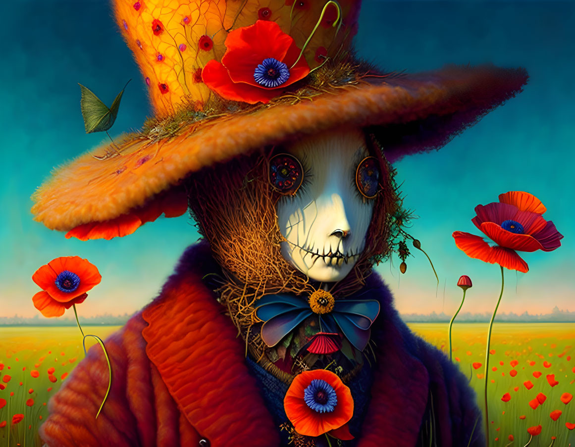 Whimsical pumpkin-headed character in orange hat and green suit in poppy field