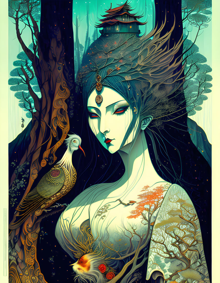 Stylized illustration of ethereal woman with nature elements and oriental architecture.