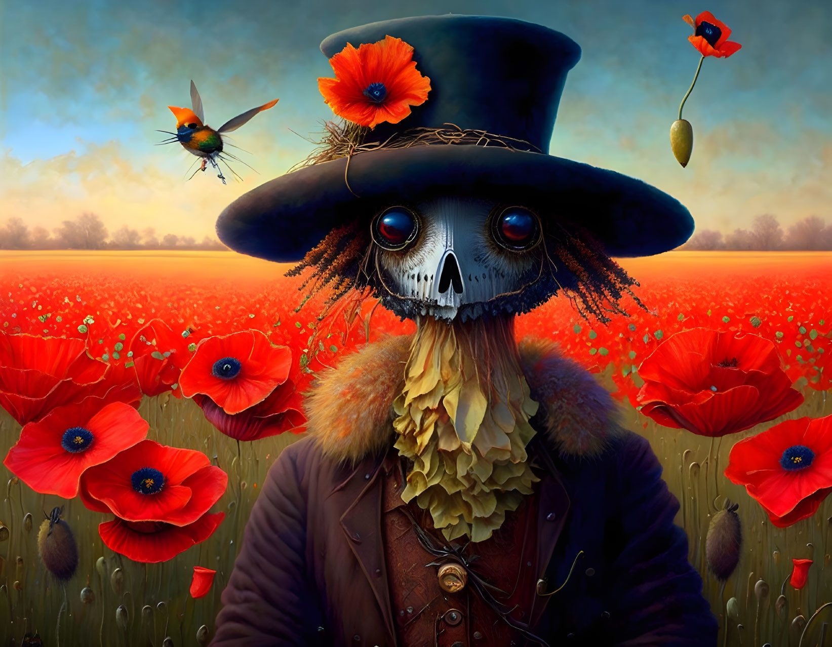 Surreal scarecrow with skull face in vibrant poppy field