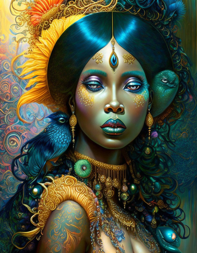 Vibrant illustration of woman with gold jewelry and sun headdress beside peacock