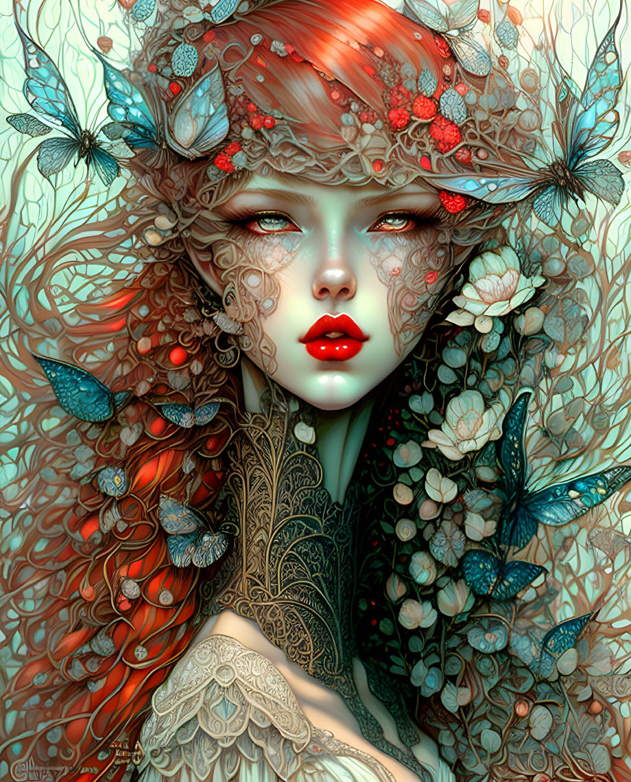 Fantasy female figure with ornate floral headgear, red hair, blue butterflies, and intricate tattoos