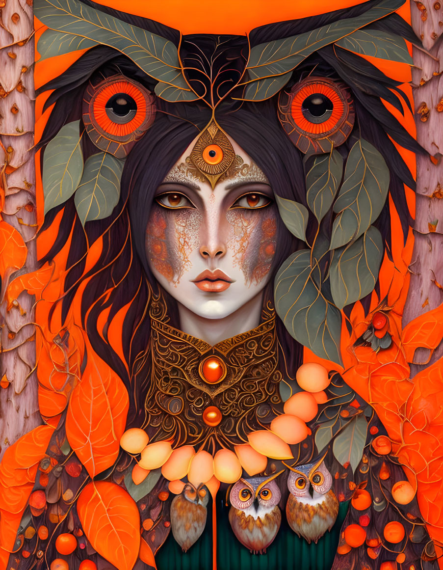 Stylized portrait of woman with owl features and autumn elements