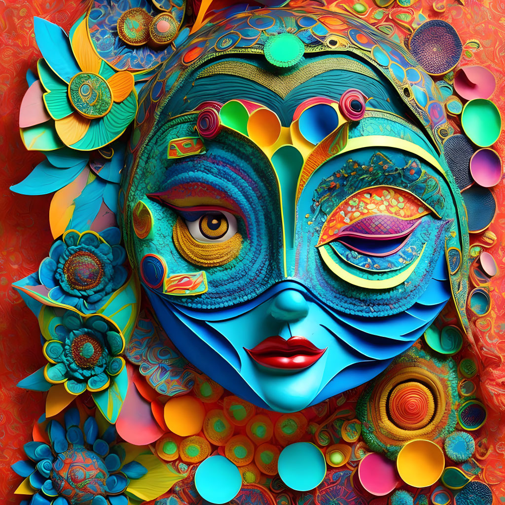 Colorful Digital Artwork of Intricate Face Patterns and Flowery Motifs