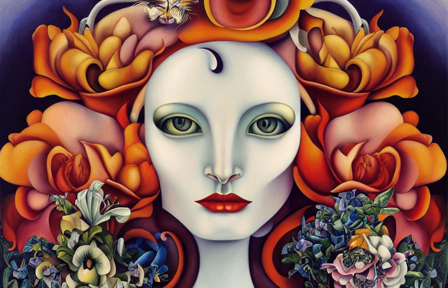 Vibrant surreal portrait with large eyes and colorful flowers