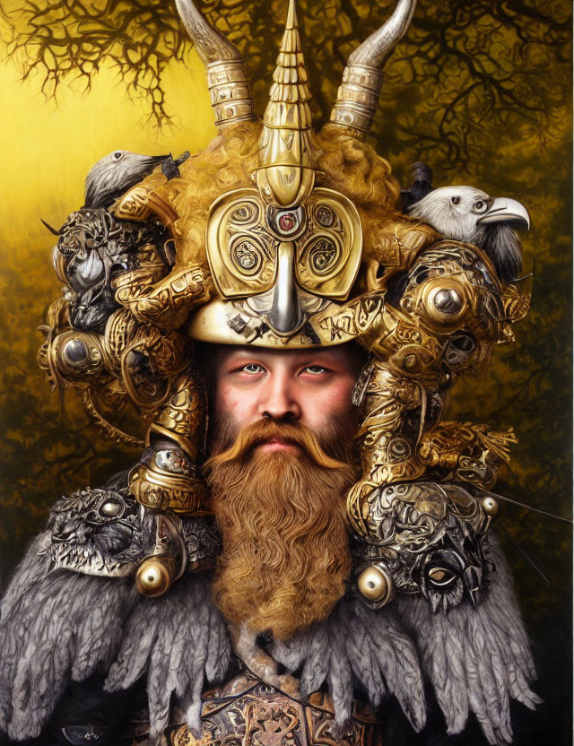 Bearded man in ornate golden helmet with animal-themed armor on golden background