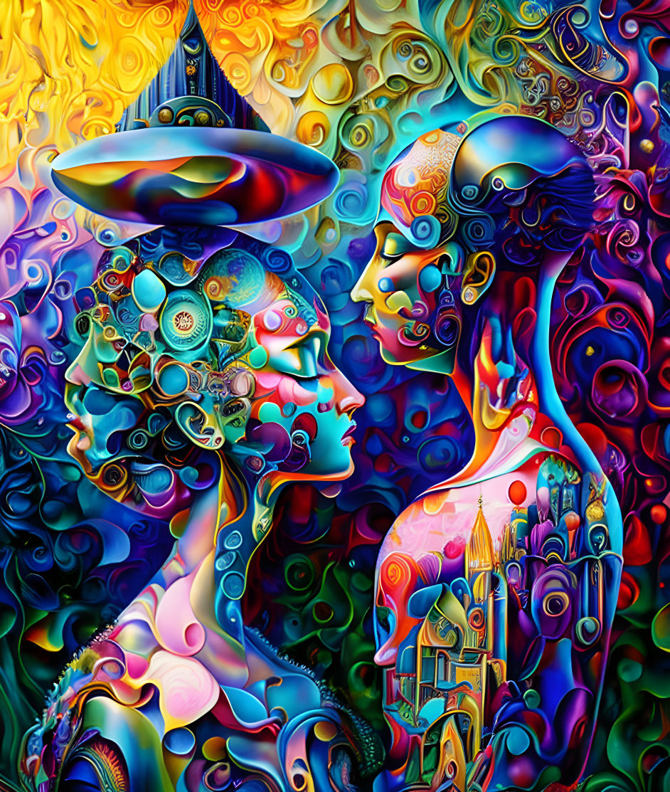 Colorful Psychedelic Artwork: Mechanical Faces with Abstract Background