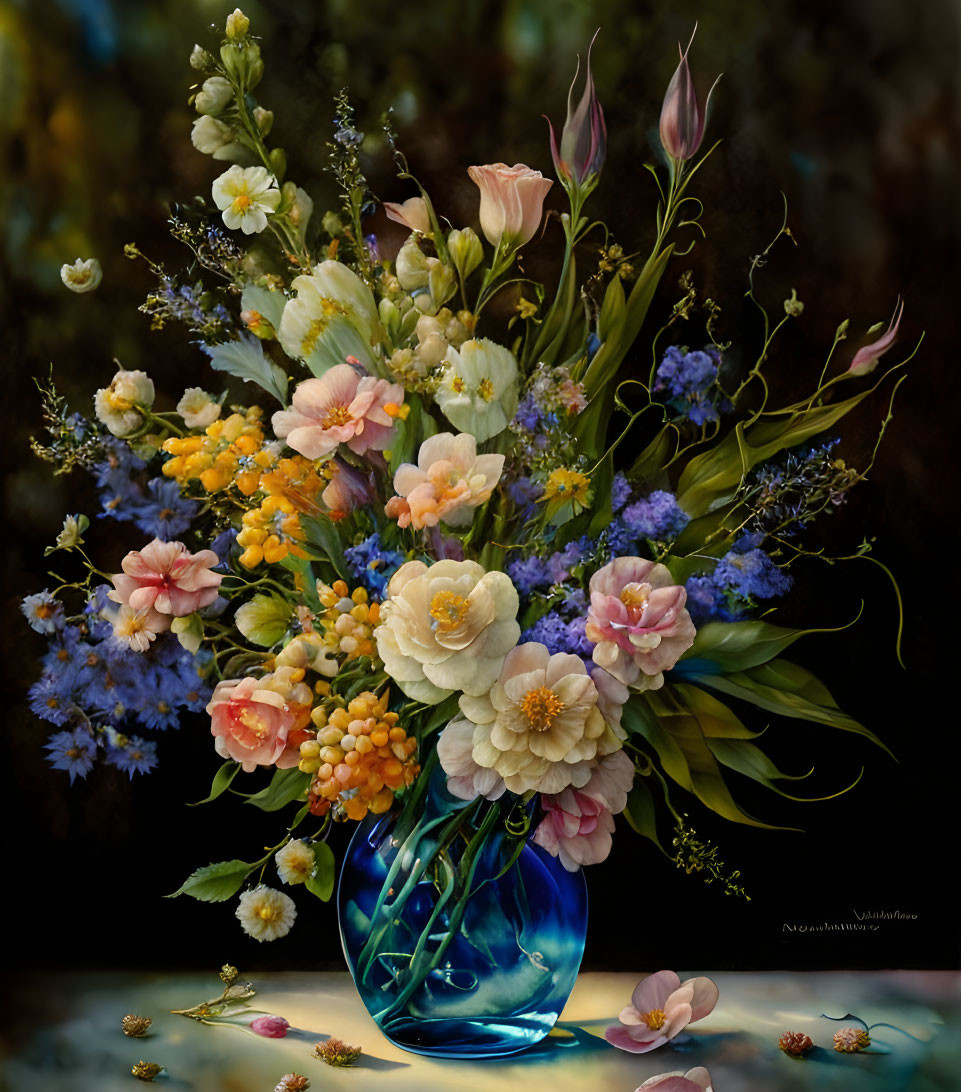 Colorful Mixed Flower Bouquet in Blue Glass Vase on Dark Background