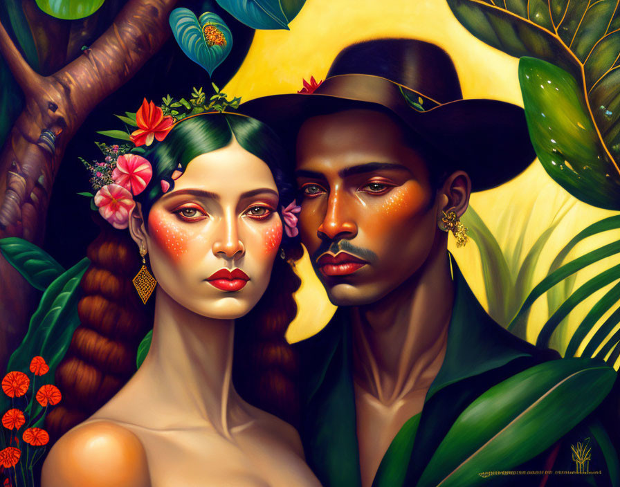 Colorful digital painting of man and woman with floral and jewelry details in lush foliage.