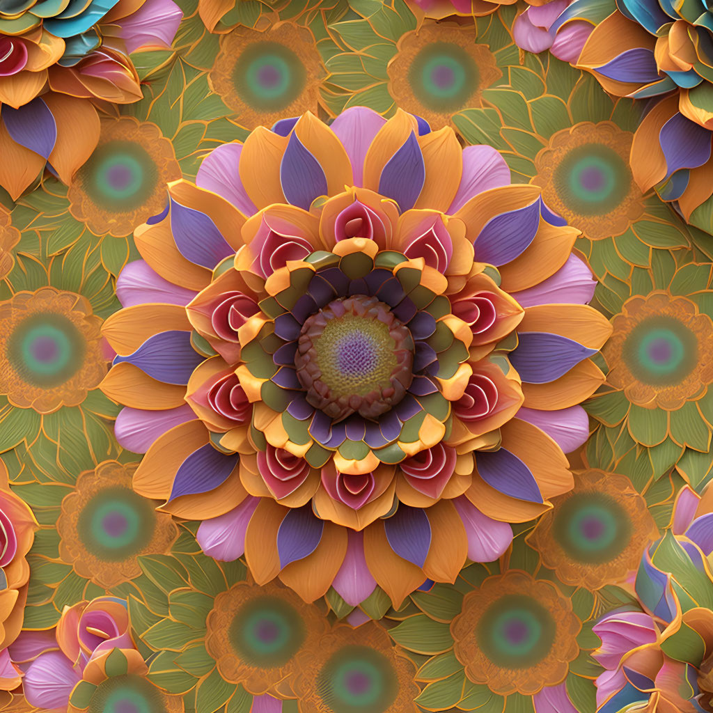 Multilayered floral pattern in vibrant orange, blue, and yellow hues