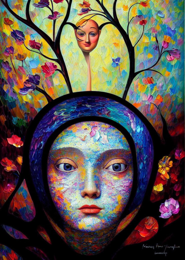 Colorful cosmic face with blossoms and whimsical tree-like figure illustration