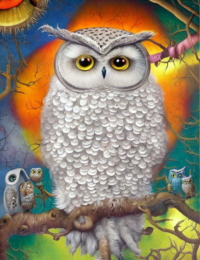 Colorful Whimsical Owl Painting with Yellow Eyes on Branch