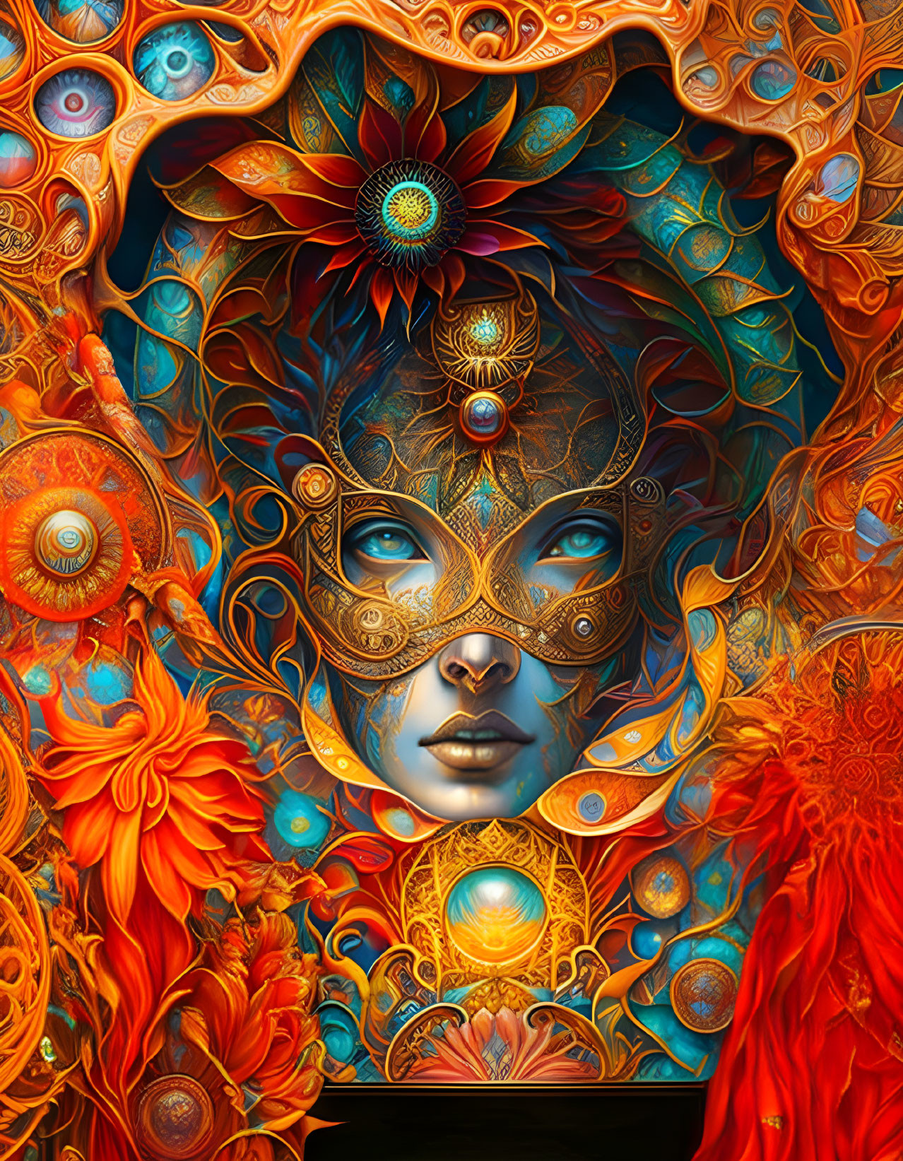 Colorful digital art featuring masked figure with intricate patterns and floral designs