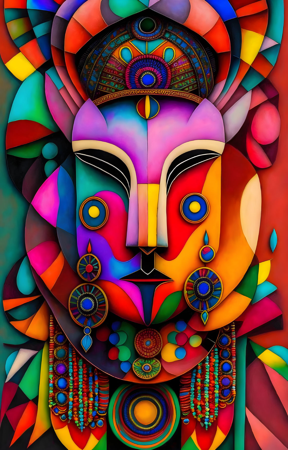 Colorful abstract art with stylized face, geometric patterns, and warm palette