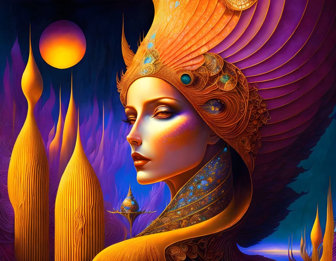 Colorful illustration of woman with ornate headgear in mystical setting