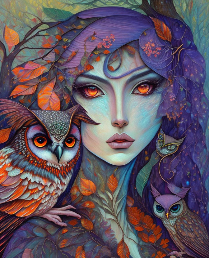 Illustration of woman with purple hair, owls, and autumn foliage.