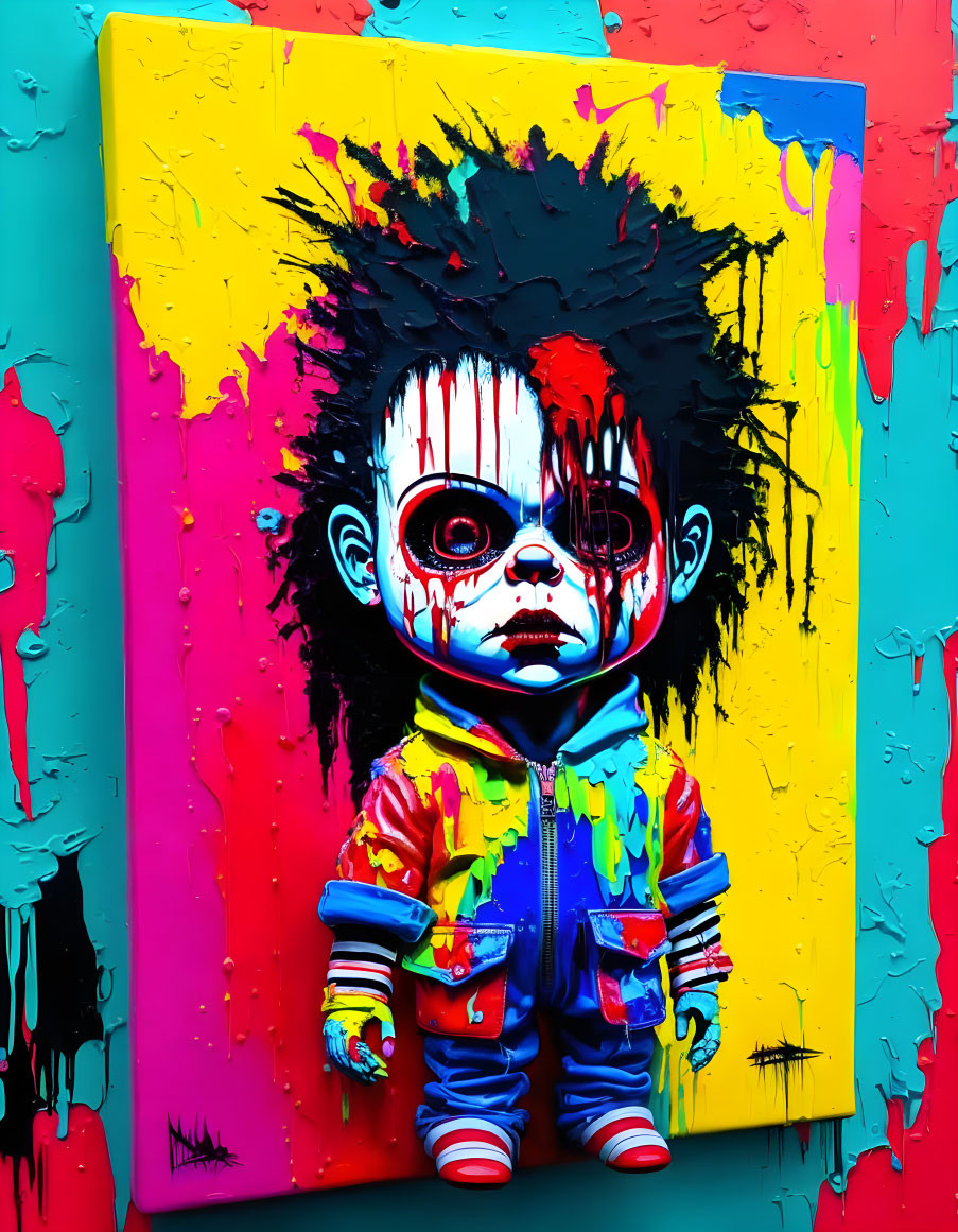 Colorful graffiti-style painting of child with afro on multicolored background